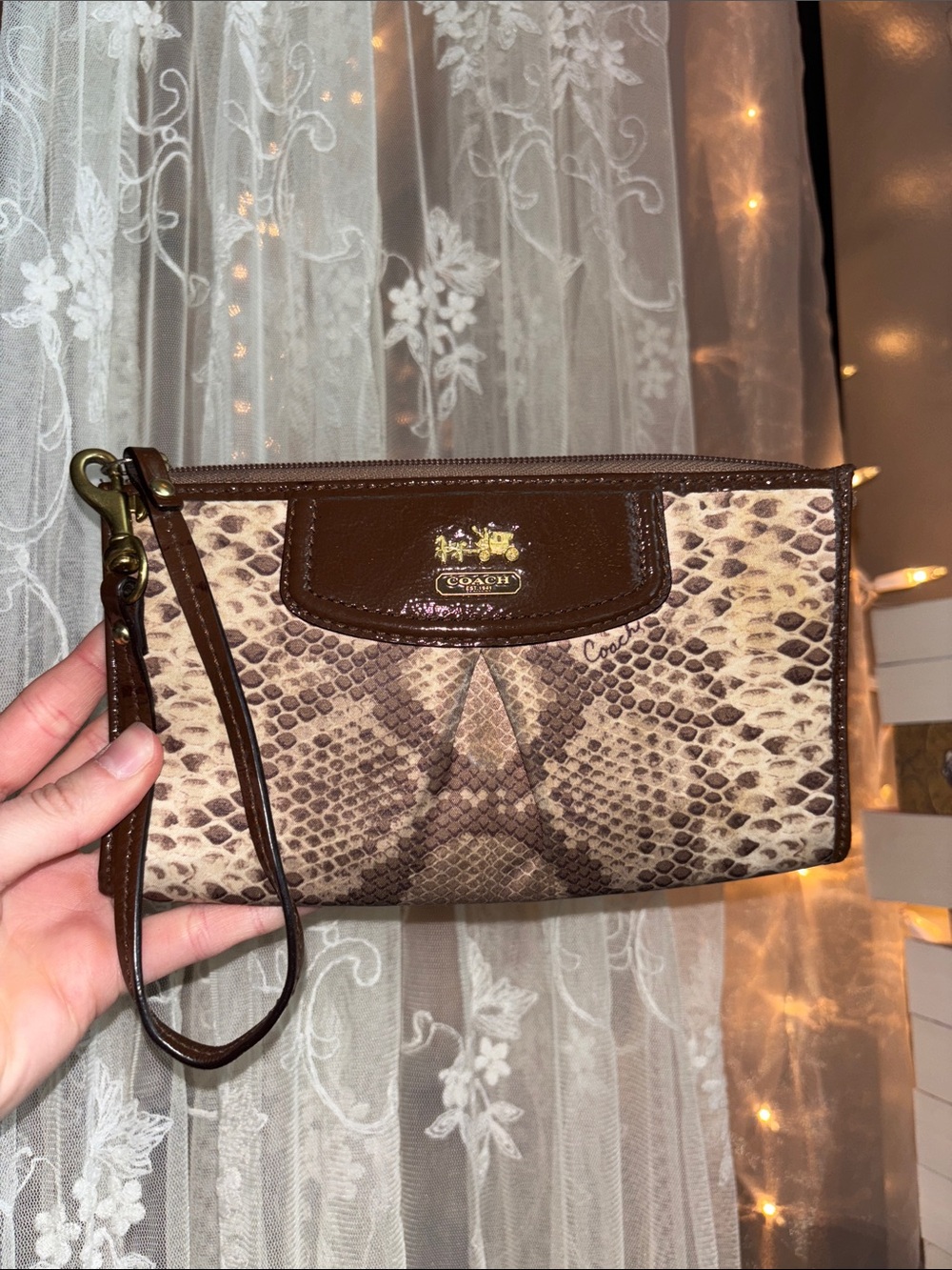 Coach Snake-Print Wristlet in Brown and Cream - Picture 1 of 4